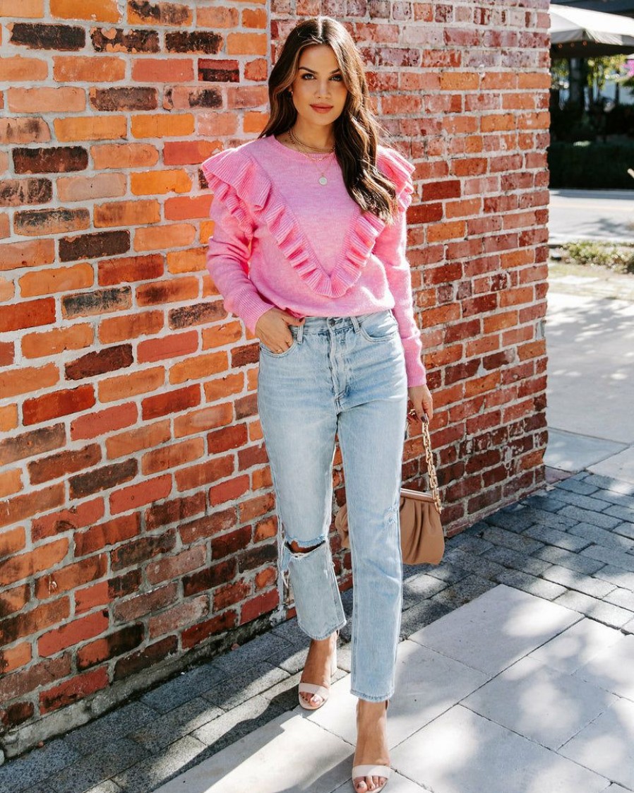 Clothing * | Entr-001 Dianna Ruffle Knit Sweater Pink Final Sale Sweaters