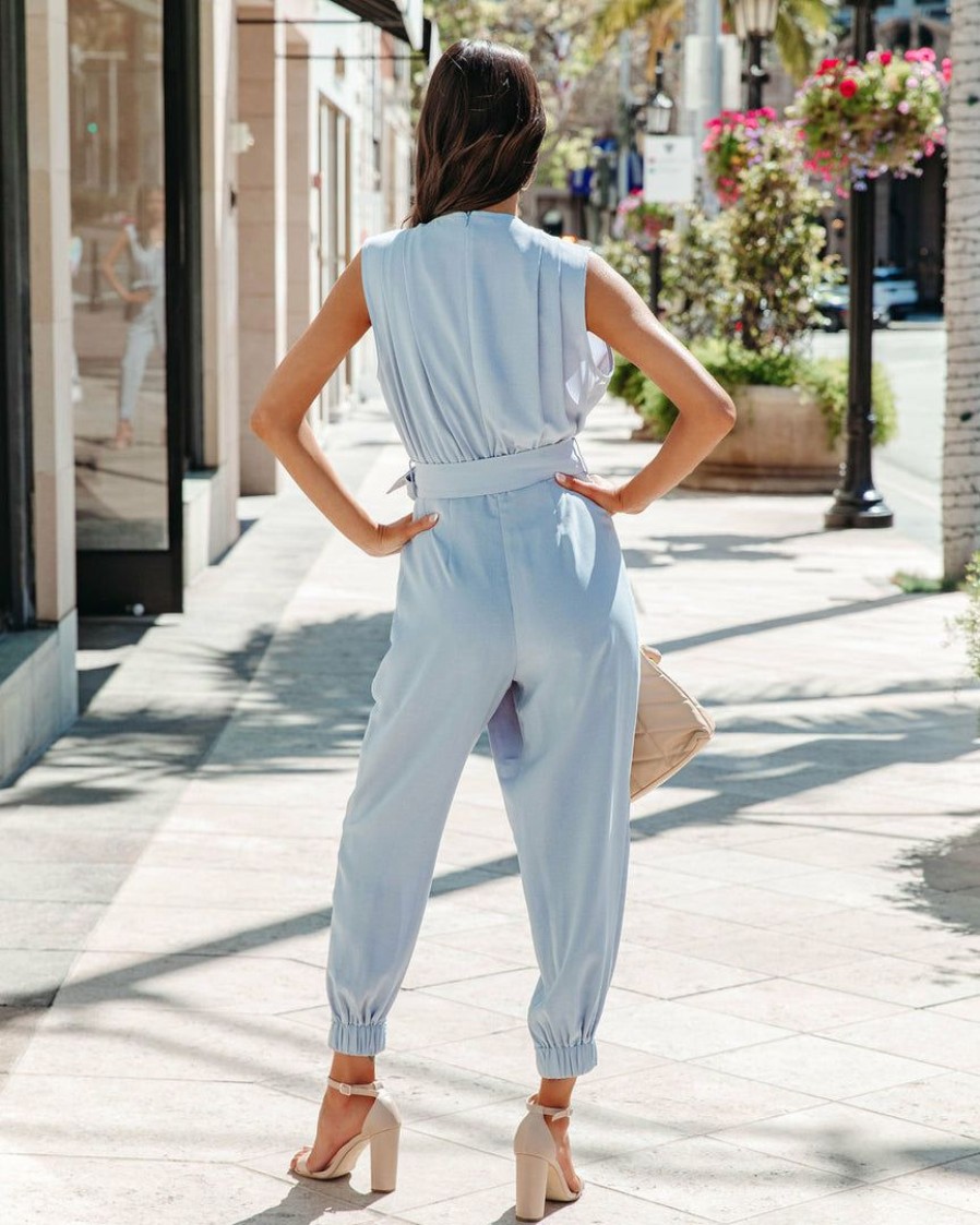 Clothing * | Entr-001 Skyler Pocketed Drape Jumpsuit Blue Final Sale Rompers + Jumpsuits