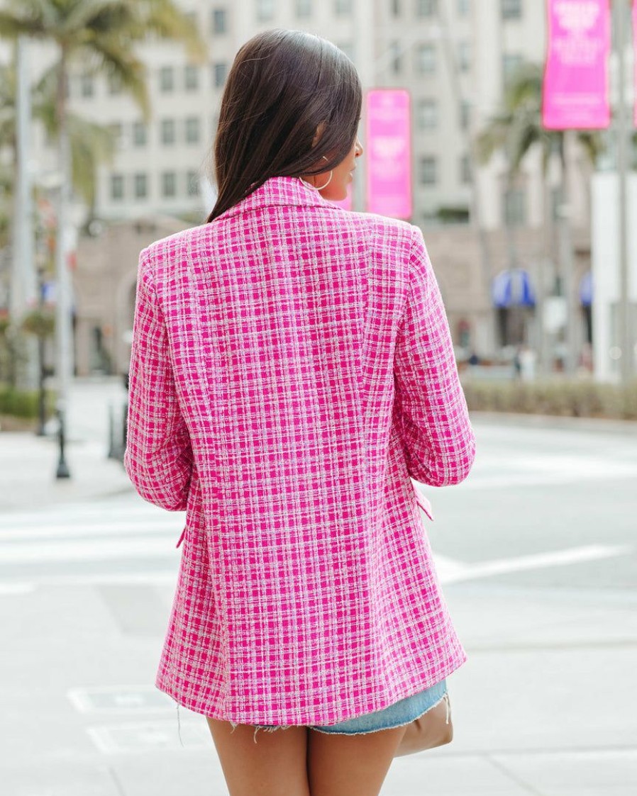 Clothing * | Fate-001 Ainsley Pocketed Tweed Blazer Hot Pink Coats & Jackets