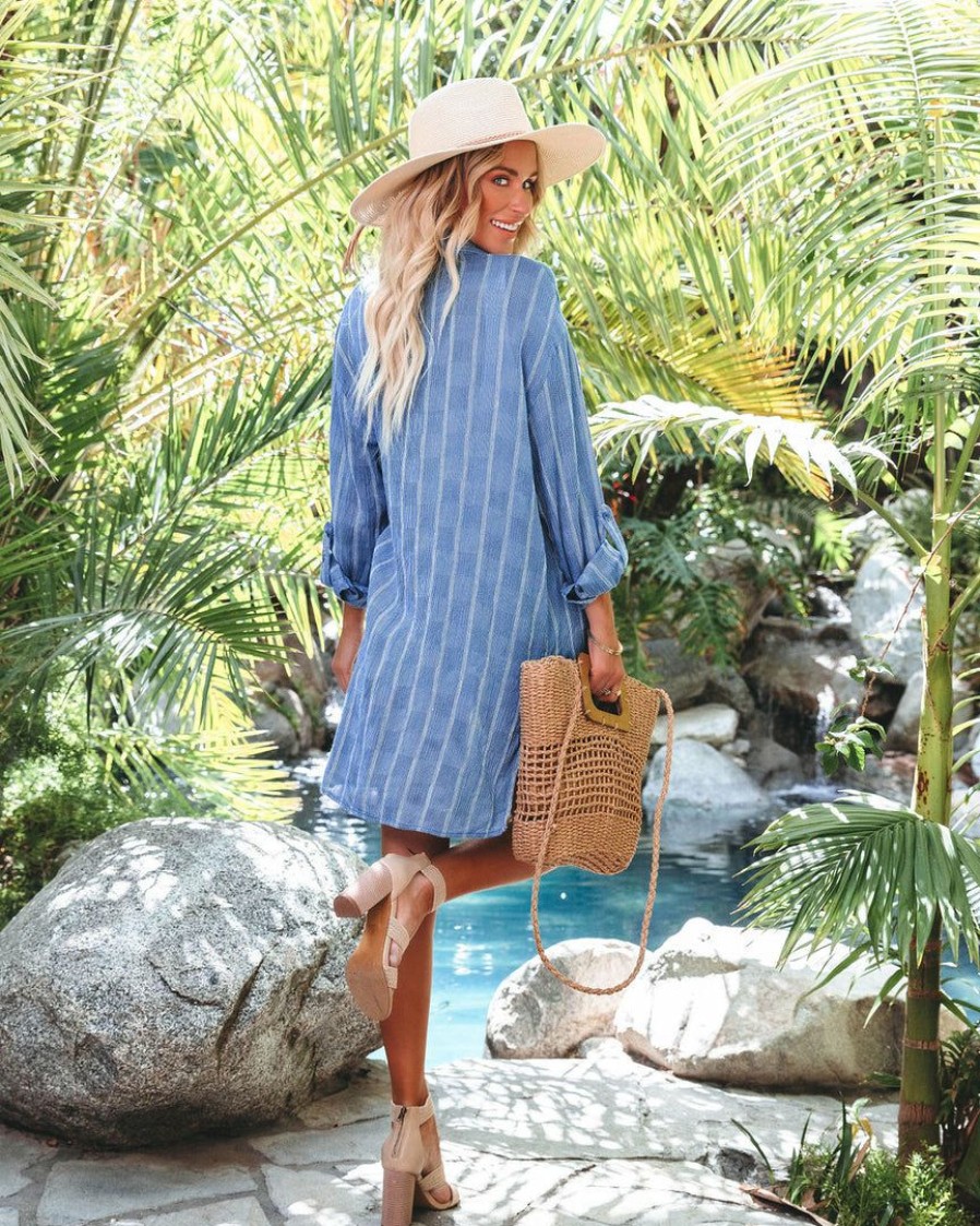 Clothing * | Elan-001 Avella Cotton Blend Button Down Cover-Up Dress Azure Stripe Final Sale