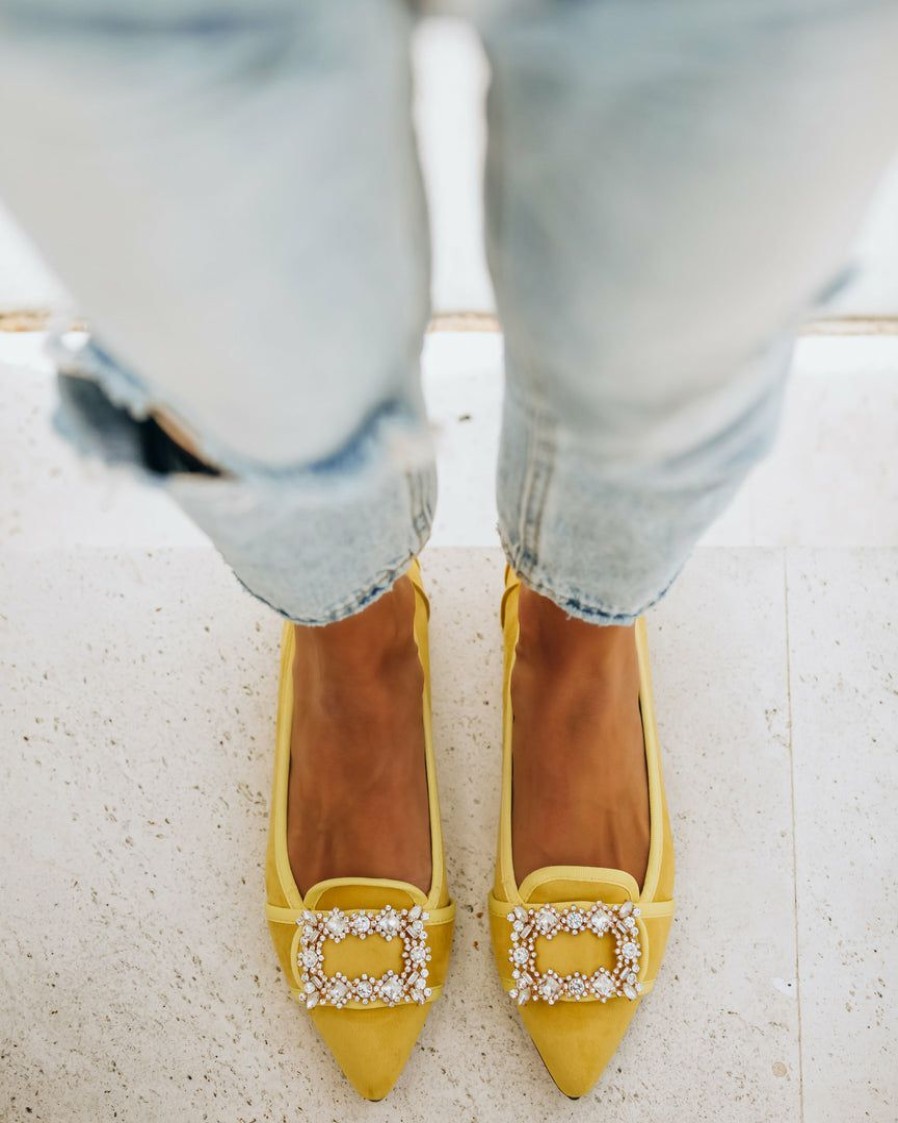 Shoes * | Into-001 Shoes Vanderpump Embellished Faux Suede Flats Yellow