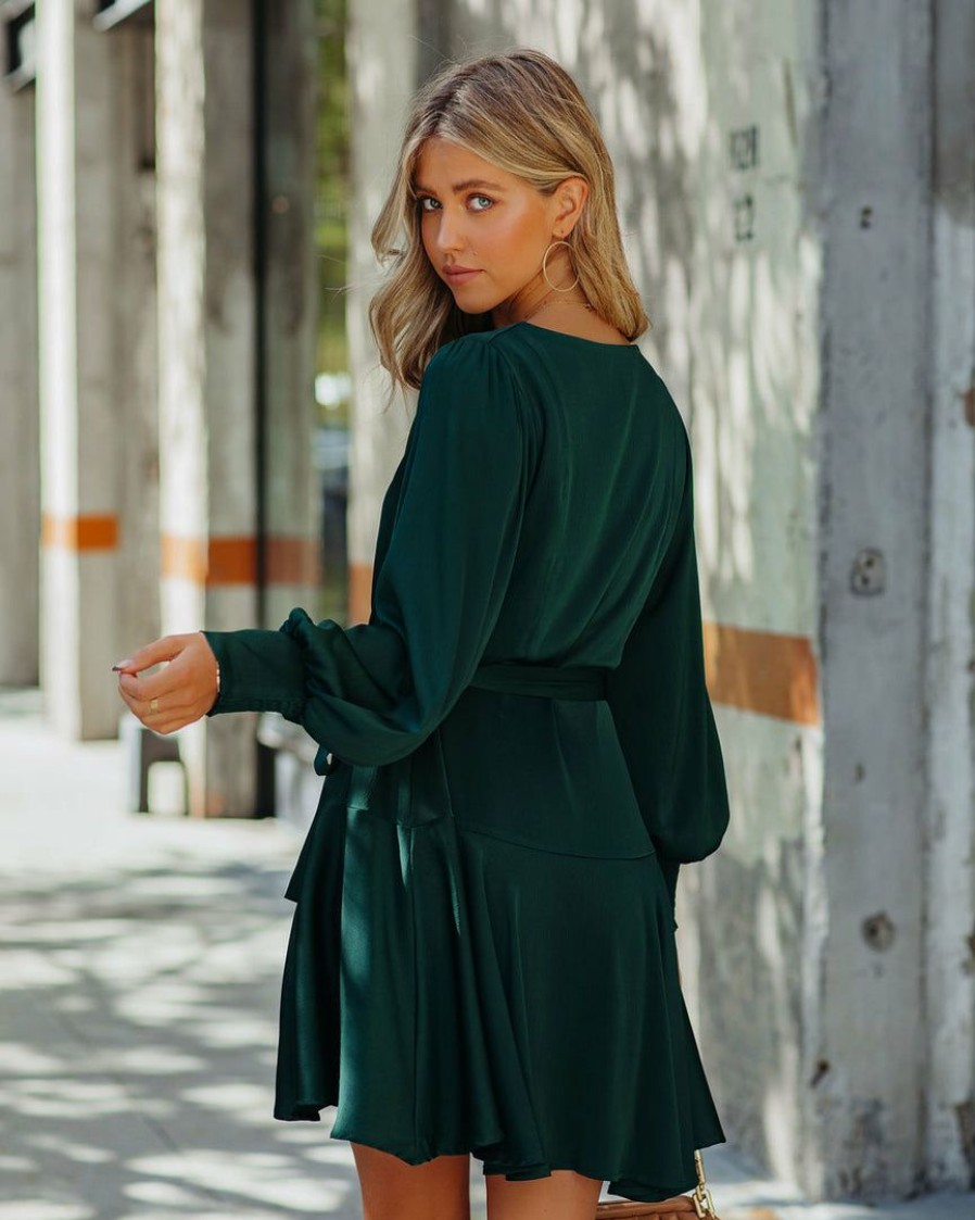 Clothing * | Skie-001 Slow Dance Satin Wrap Dress Hunter Green Dresses