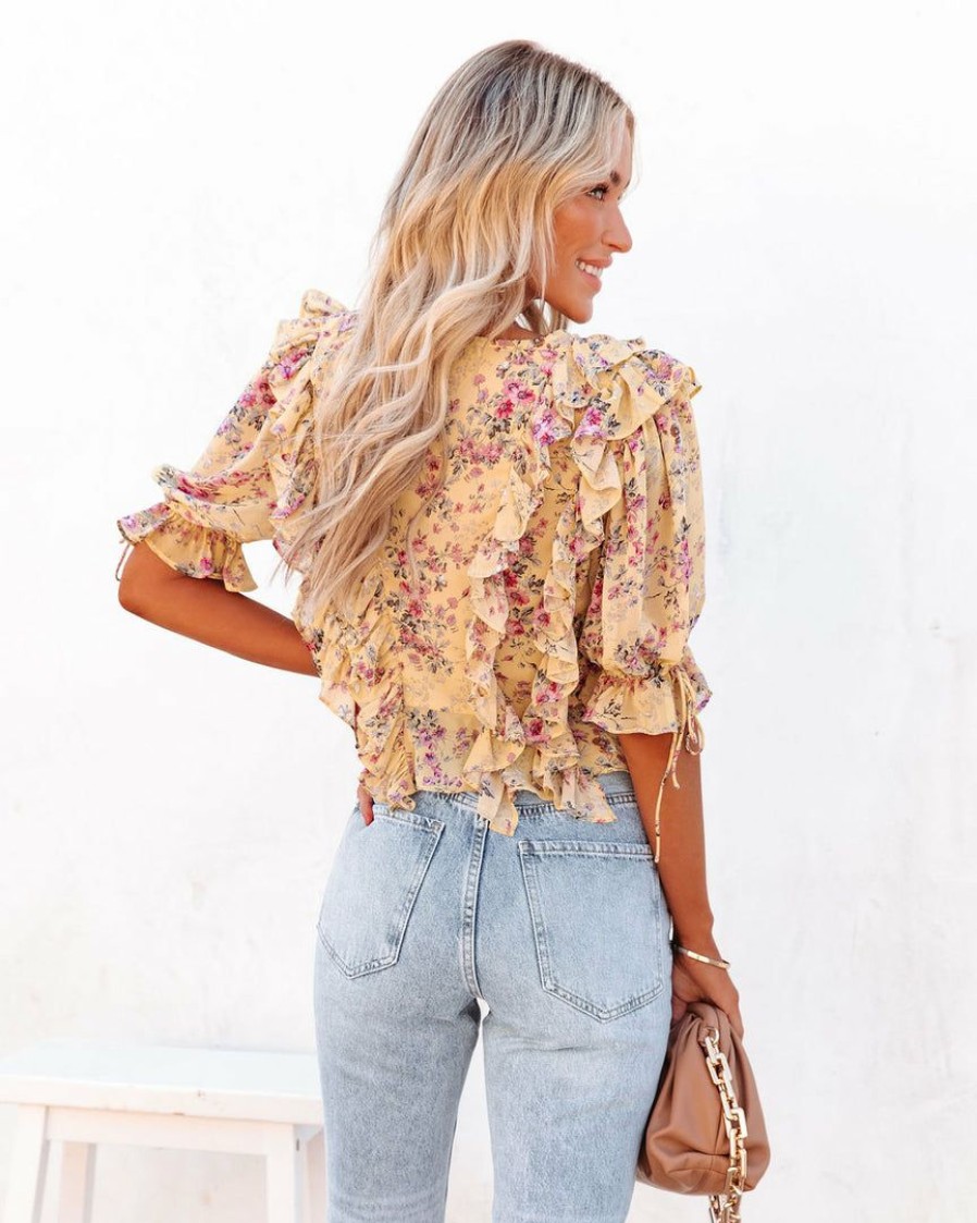 Clothing * | Endl-001 Blooming Love Floral Adjustable Tie Ruffle Blouse Final Sale Date Night Out