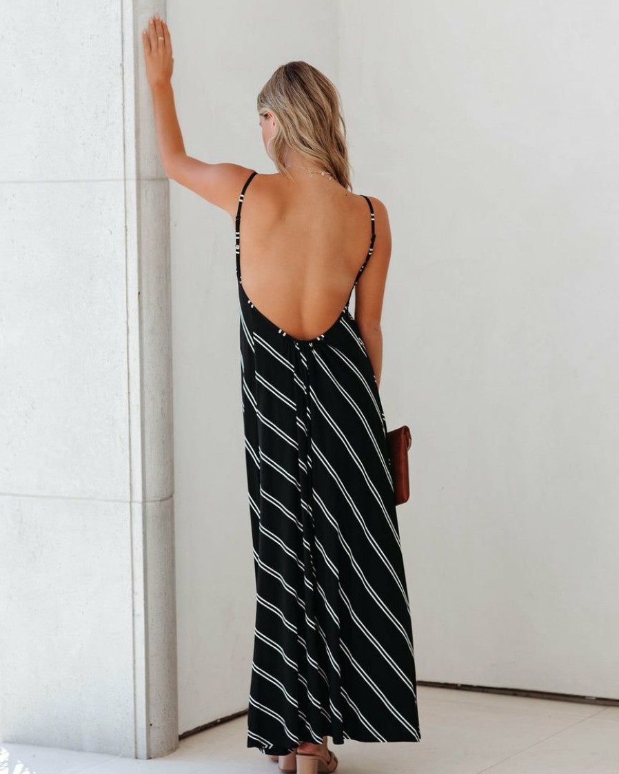 Clothing * | Oliv-001 Powell Striped Adjustable Maxi Dress Black Final Sale Bump Friendly