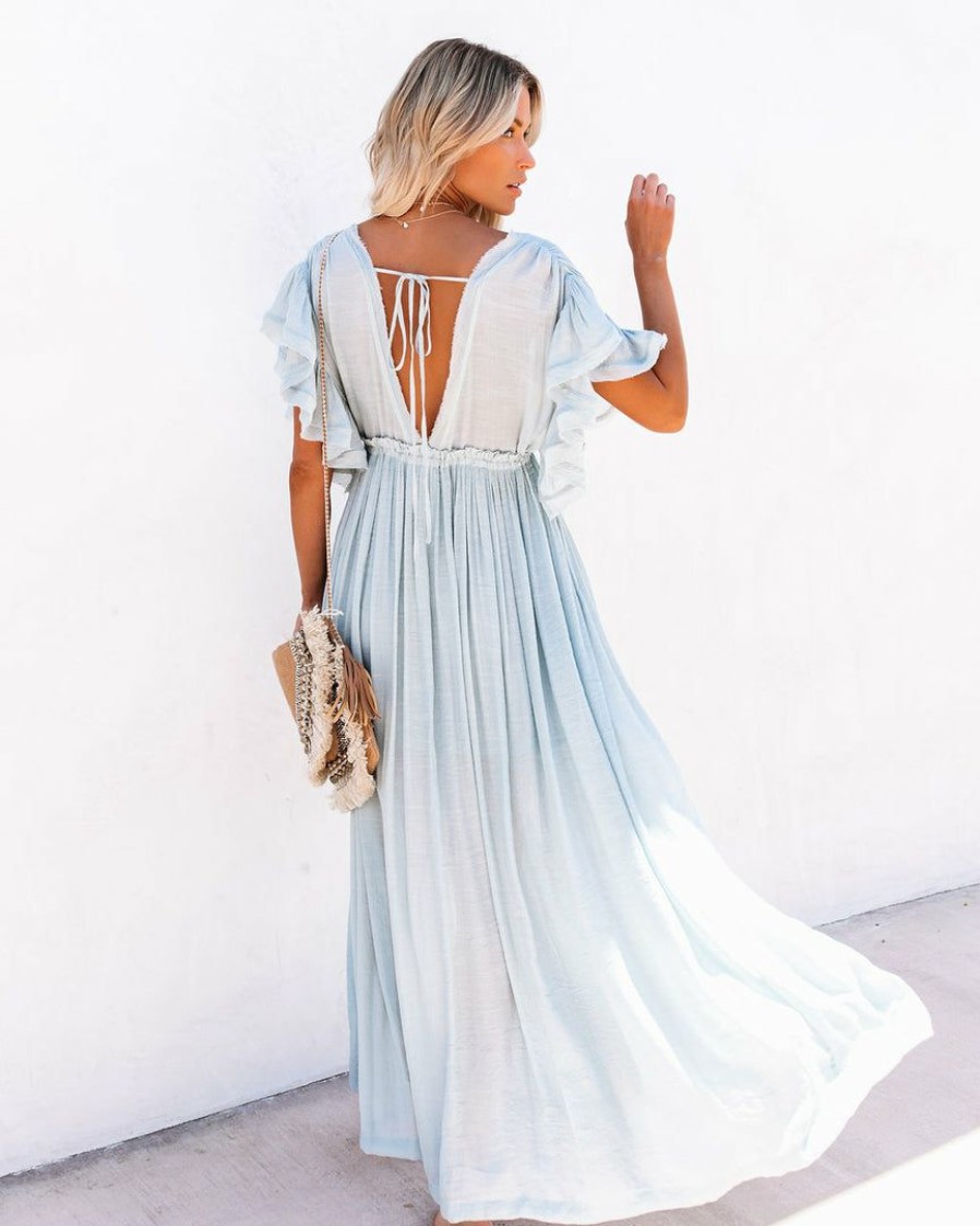 Clothing * | Flaw-001 Anika Pocketed Button Down Ruffle Maxi Dress Waterlily The Vacation Shop