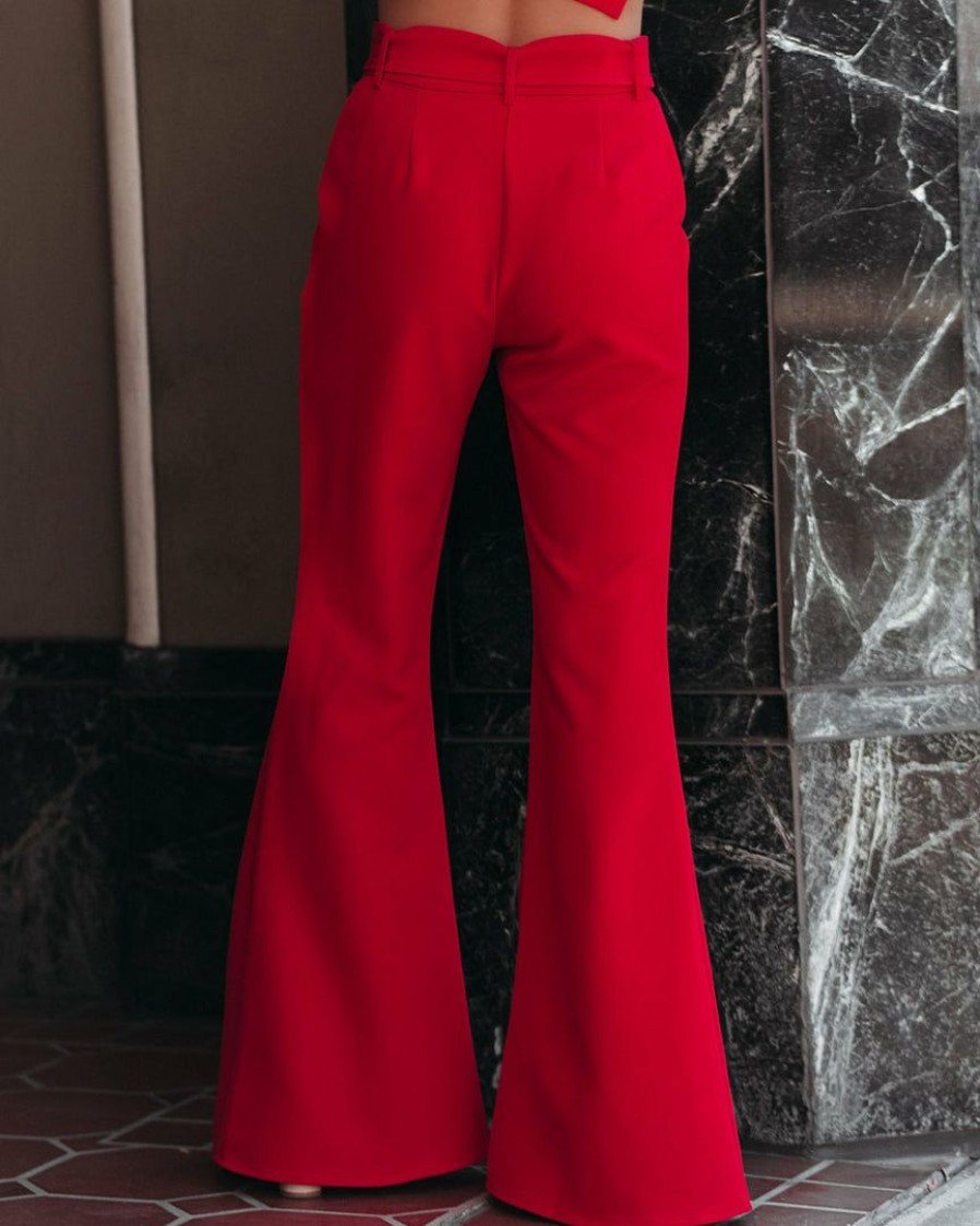 Clothing * | Suga-001 Runway Pocketed Belted Flare Trousers Red Chic Matching Sets