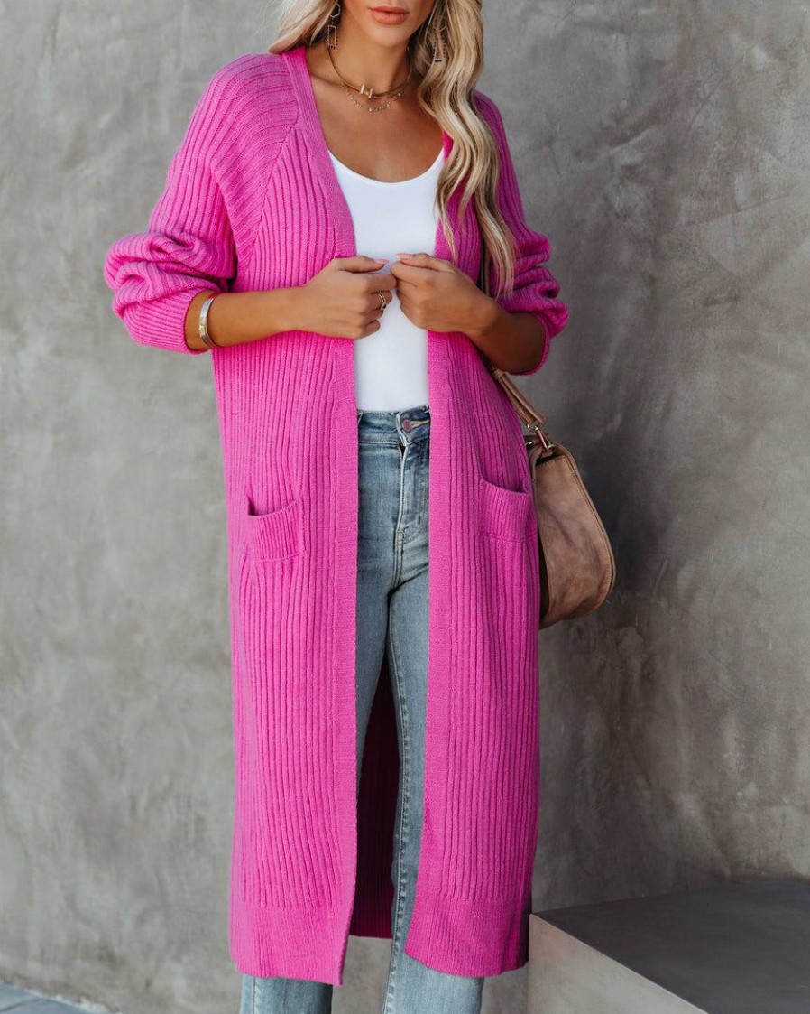 Clothing * | Aeom-001 Amyah Pocketed Knit Duster Cardigan Fuchsia