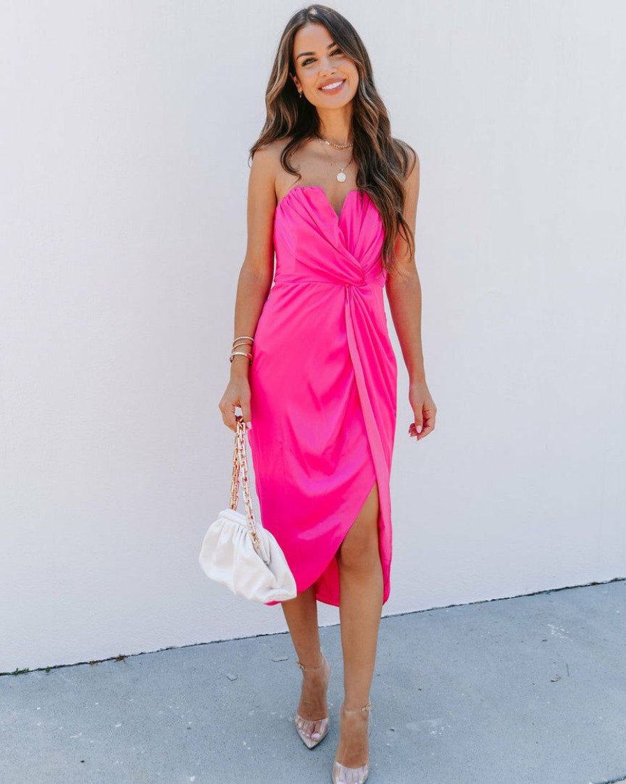 Clothing * | Do+B-001 Classy And Fabulous Strapless Satin Midi Dress Hot Pink