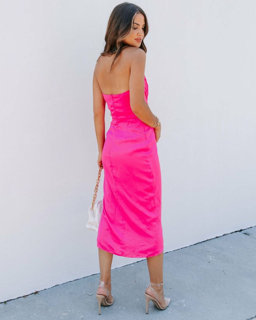 Clothing * | Do+B-001 Classy And Fabulous Strapless Satin Midi Dress Hot Pink