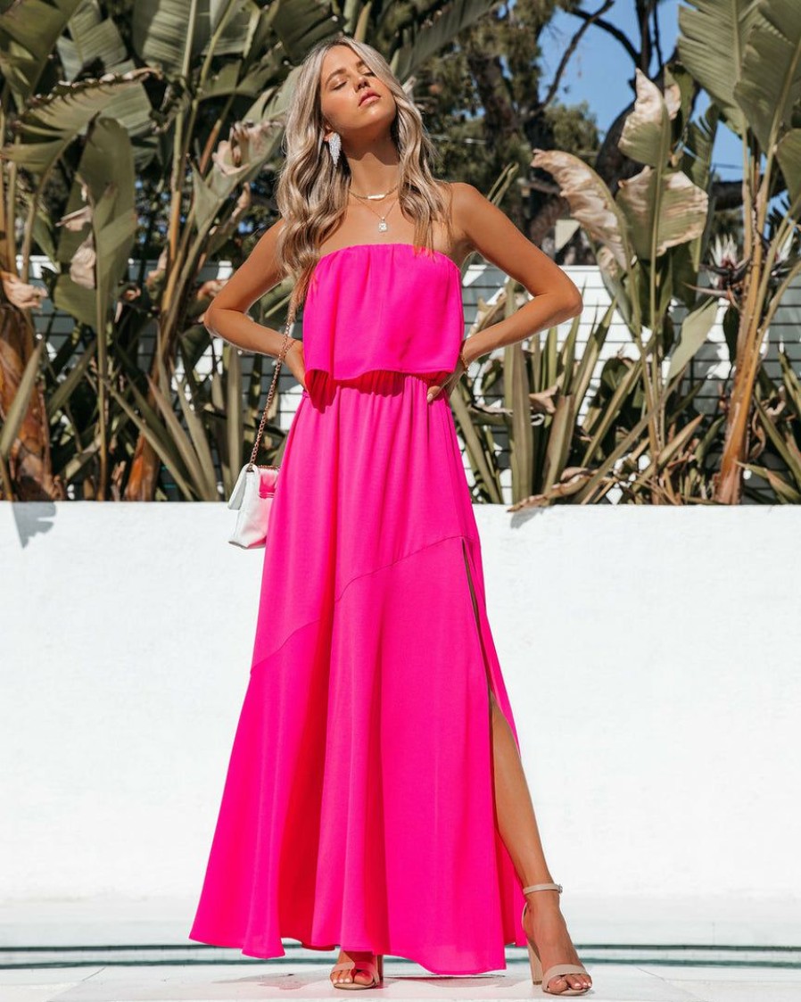 Clothing * | Tych-001 Dresses Vivid Strapless Slit Maxi Dress Hot Pink