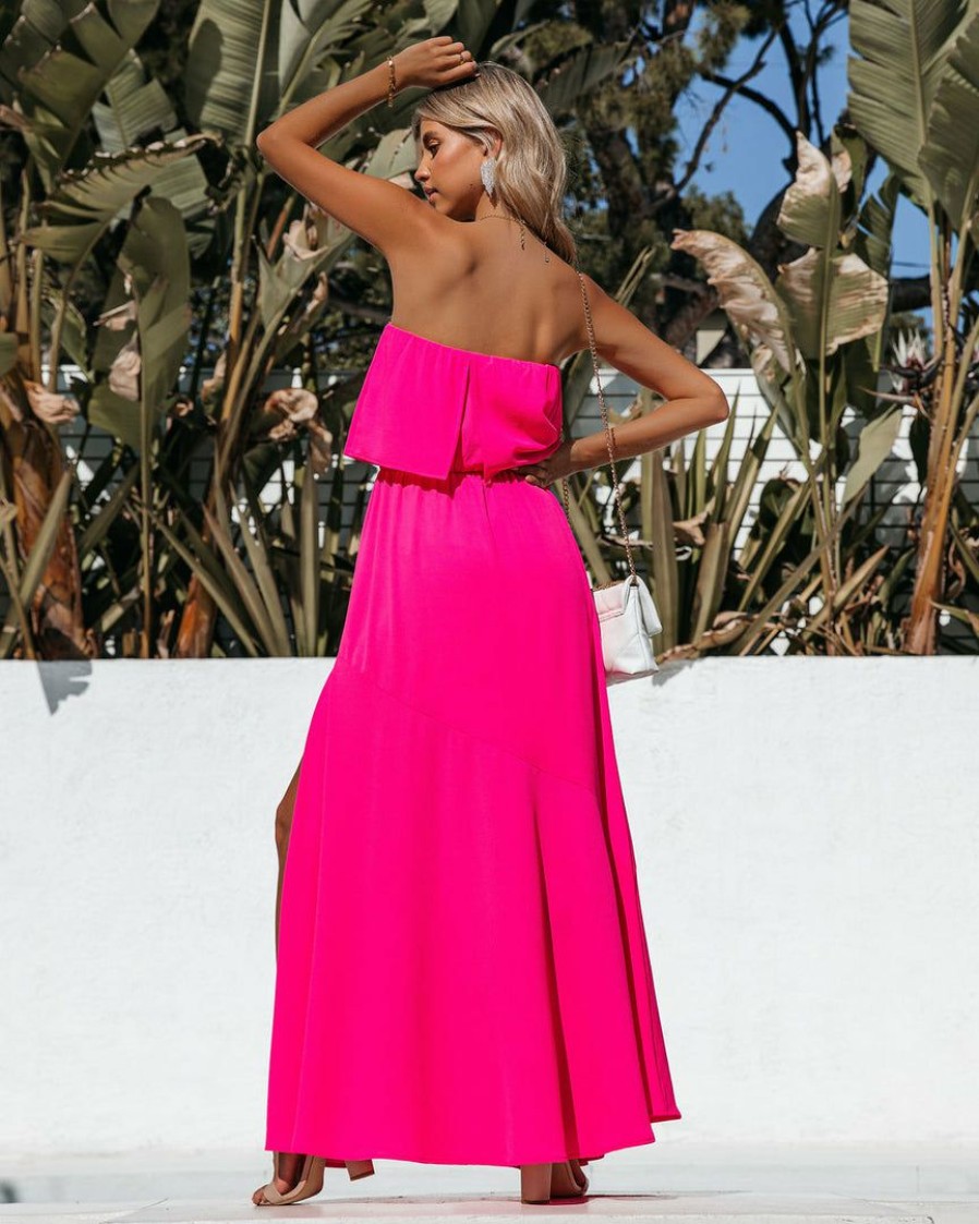 Clothing * | Tych-001 Dresses Vivid Strapless Slit Maxi Dress Hot Pink