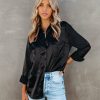 Clothing * | Aeom-001 Tops Impulse Satin Button Down Blouse Black