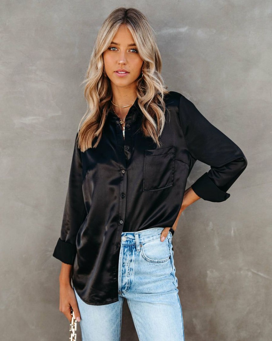 Clothing * | Aeom-001 Tops Impulse Satin Button Down Blouse Black