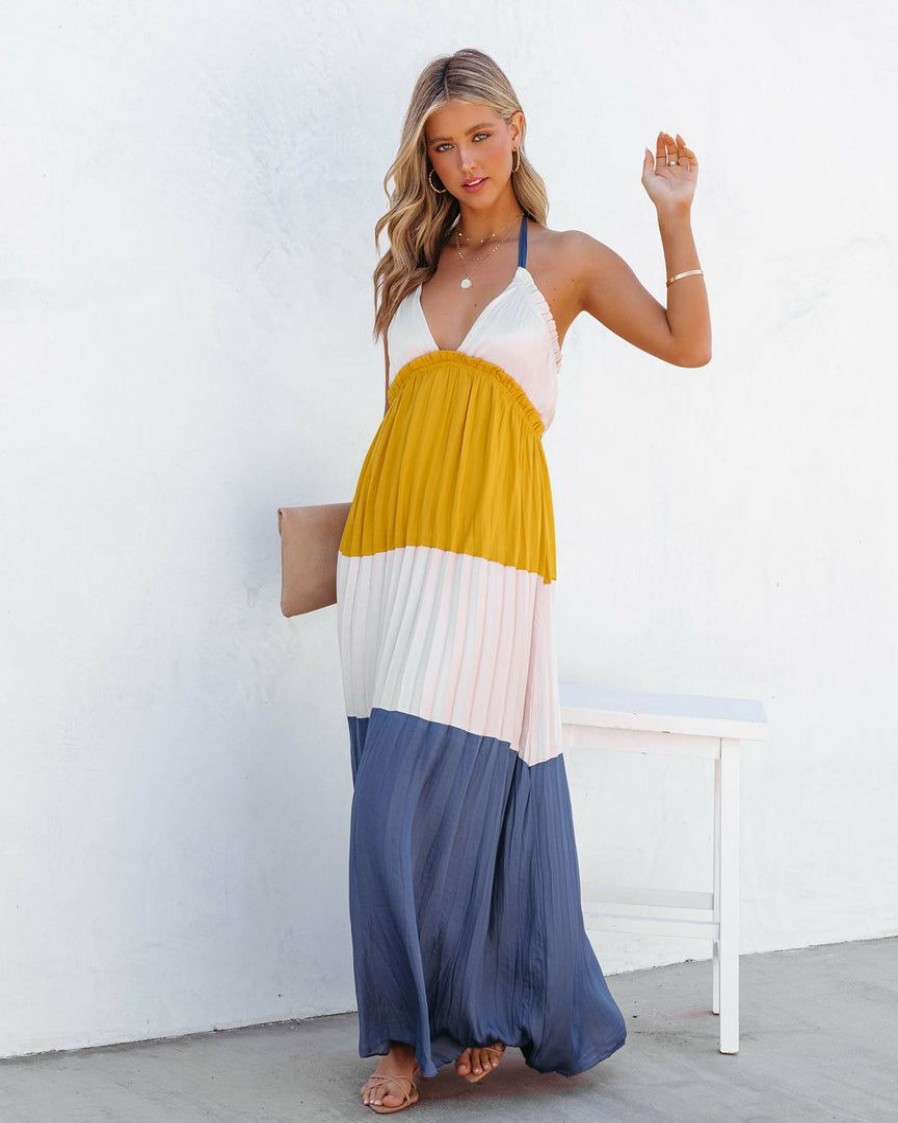 Clothing * | On T-001 Dresses Tahlia Pleated Colorblock Halter Maxi Dress Yellow Multi Final Sale