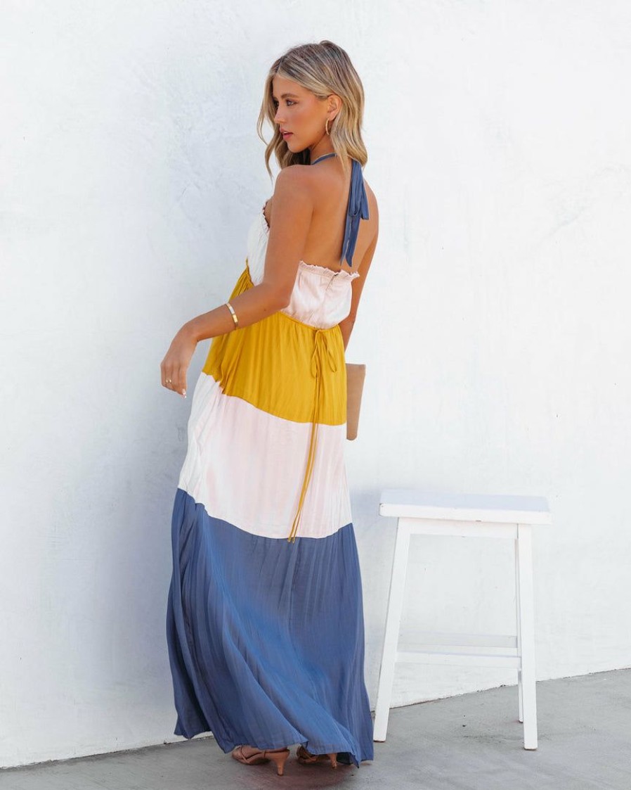 Clothing * | On T-001 Dresses Tahlia Pleated Colorblock Halter Maxi Dress Yellow Multi Final Sale