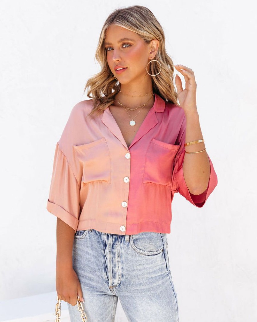 Clothing * | Prom-001 Catch Feels Satin Colorblock Button Down Top Peach/Coral Final Sale Tops