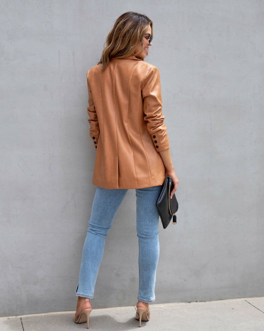 Clothing * | Baga-001 Fashion Affairs Faux Leather Blazer Camel