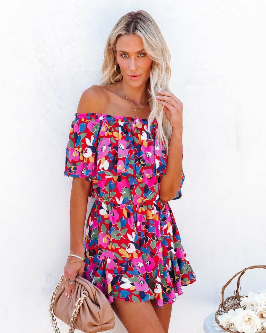 Clothing * | Suga-001 Rompers + Jumpsuits Lucinda Off The Shoulder Ruffle Romper Red Multi