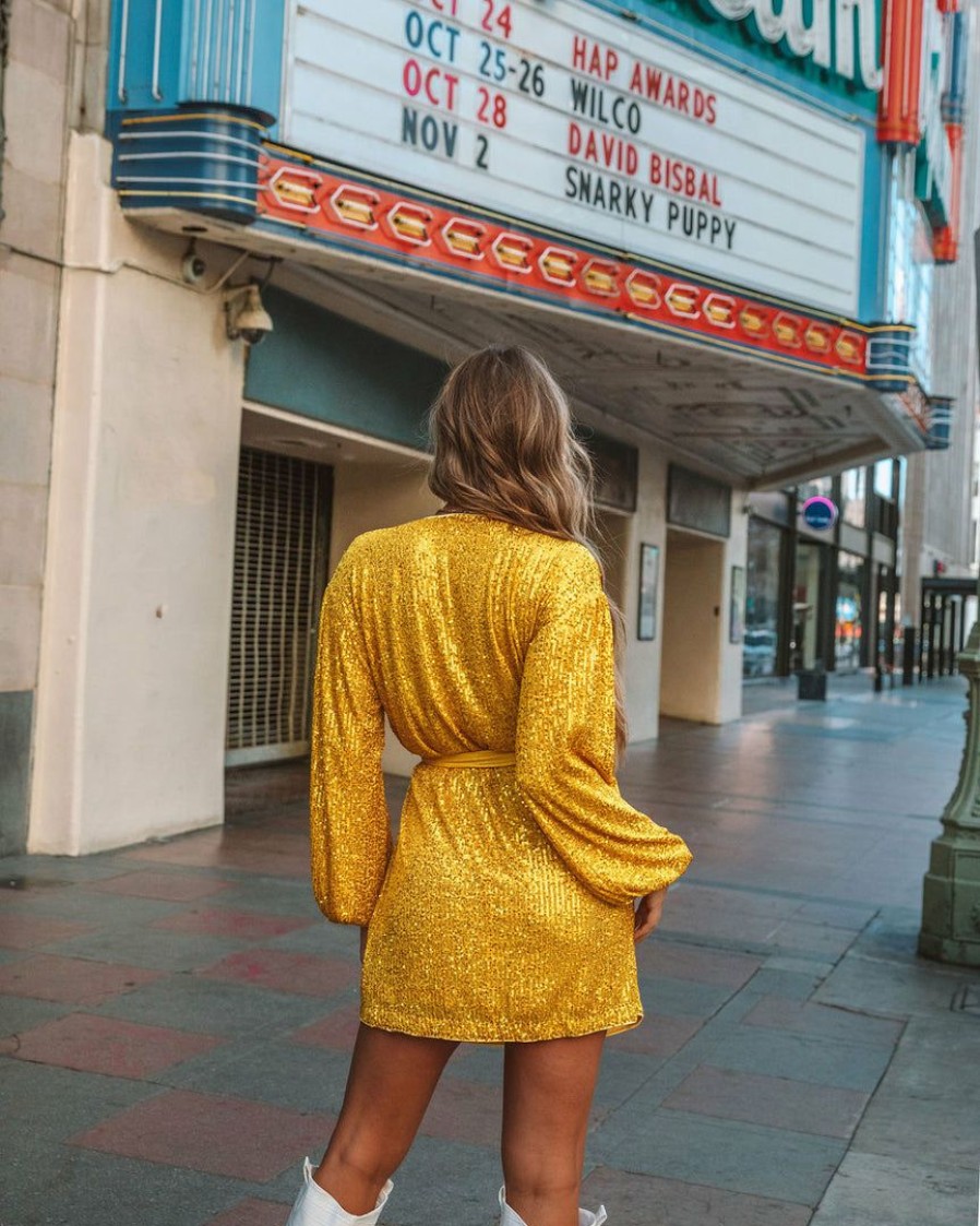 Clothing * | Fate-001 Entertainment Sequin Wrap Dress Yellow Flash Sale Guest Of Wedding