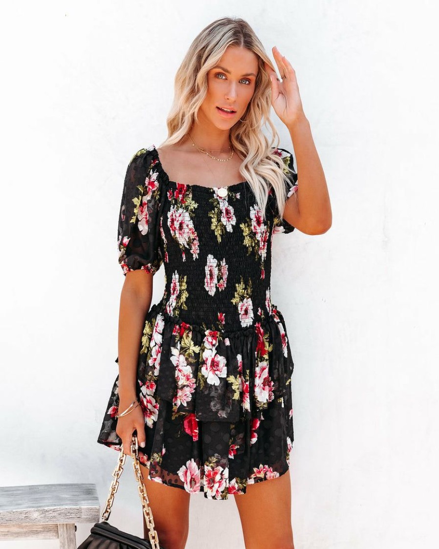 Clothing * | Aeom-001 Ready For Romance Embossed Smocked Floral Mini Dress Final Sale