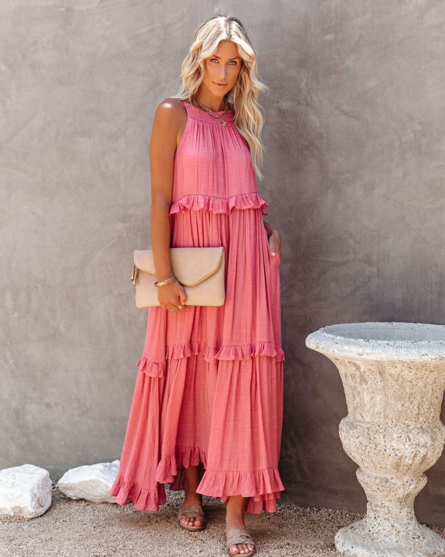 Clothing * | List-001 Sweet Summertime Brave Soul Pocketed Halter Maxi Dress Rosewood Final Sale