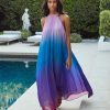 Clothing * | Lati-001 Mykonos Pleated Ombre Halter Maxi Dress Blue Purple