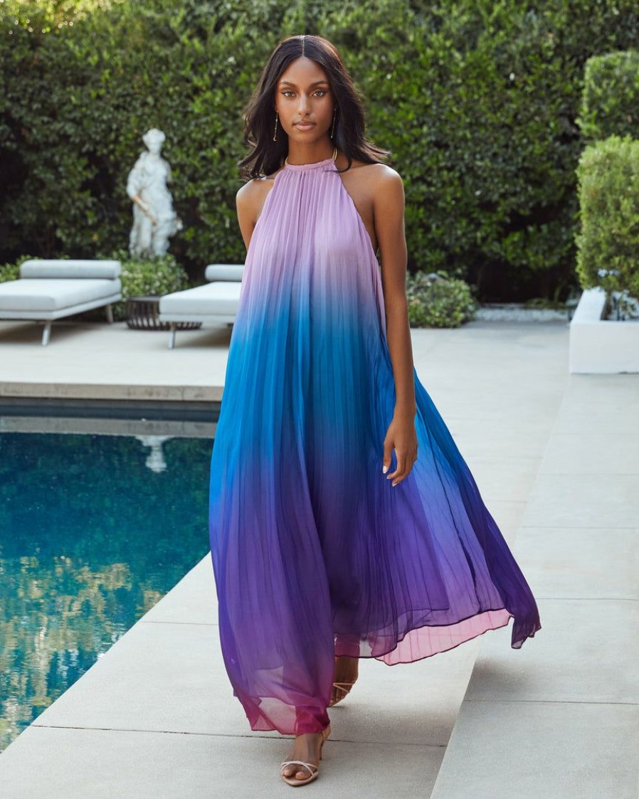 Clothing * | Lati-001 Mykonos Pleated Ombre Halter Maxi Dress Blue Purple