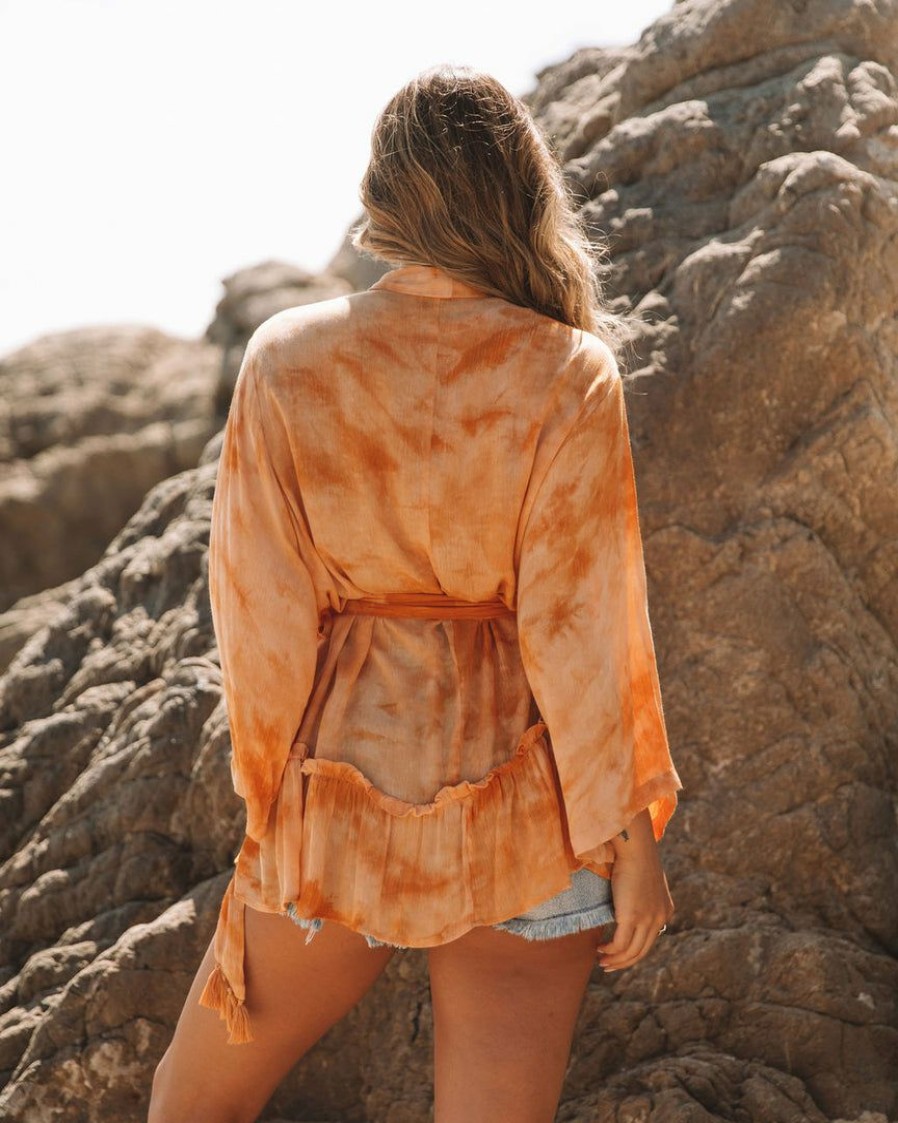 Clothing * | Aeom-001 The Vacation Shop Fan The Flames Tie Dye Kimono Wrap Top Final Sale