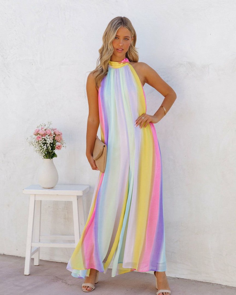 Clothing * | Entr-001 Springtime State Of Mind Striped Flowy Jumpsuit Rainbow Final Sale