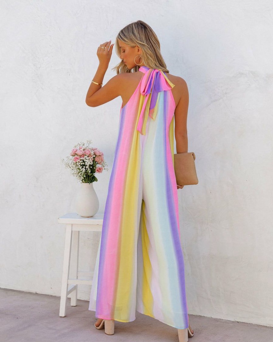 Clothing * | Entr-001 Springtime State Of Mind Striped Flowy Jumpsuit Rainbow Final Sale