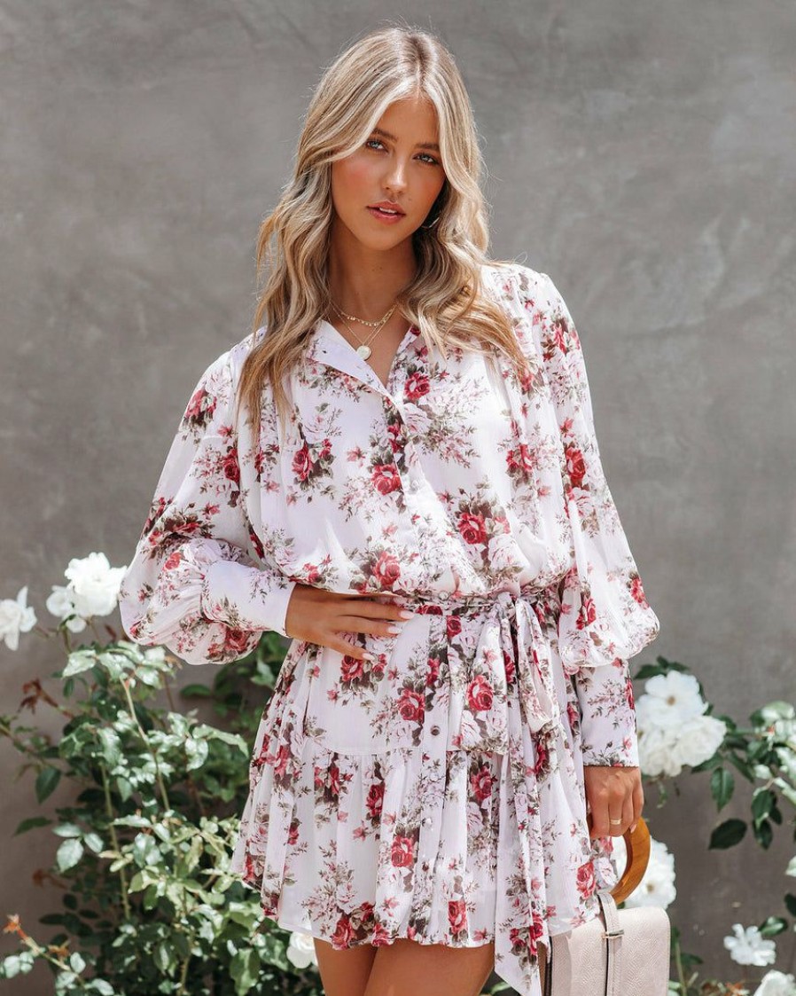 Clothing * | Fate-001 Of The Essence Floral Chiffon Button Down Dress Final Sale Dresses