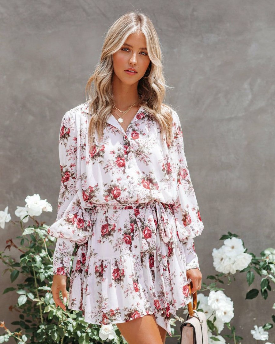 Clothing * | Fate-001 Of The Essence Floral Chiffon Button Down Dress Final Sale Dresses