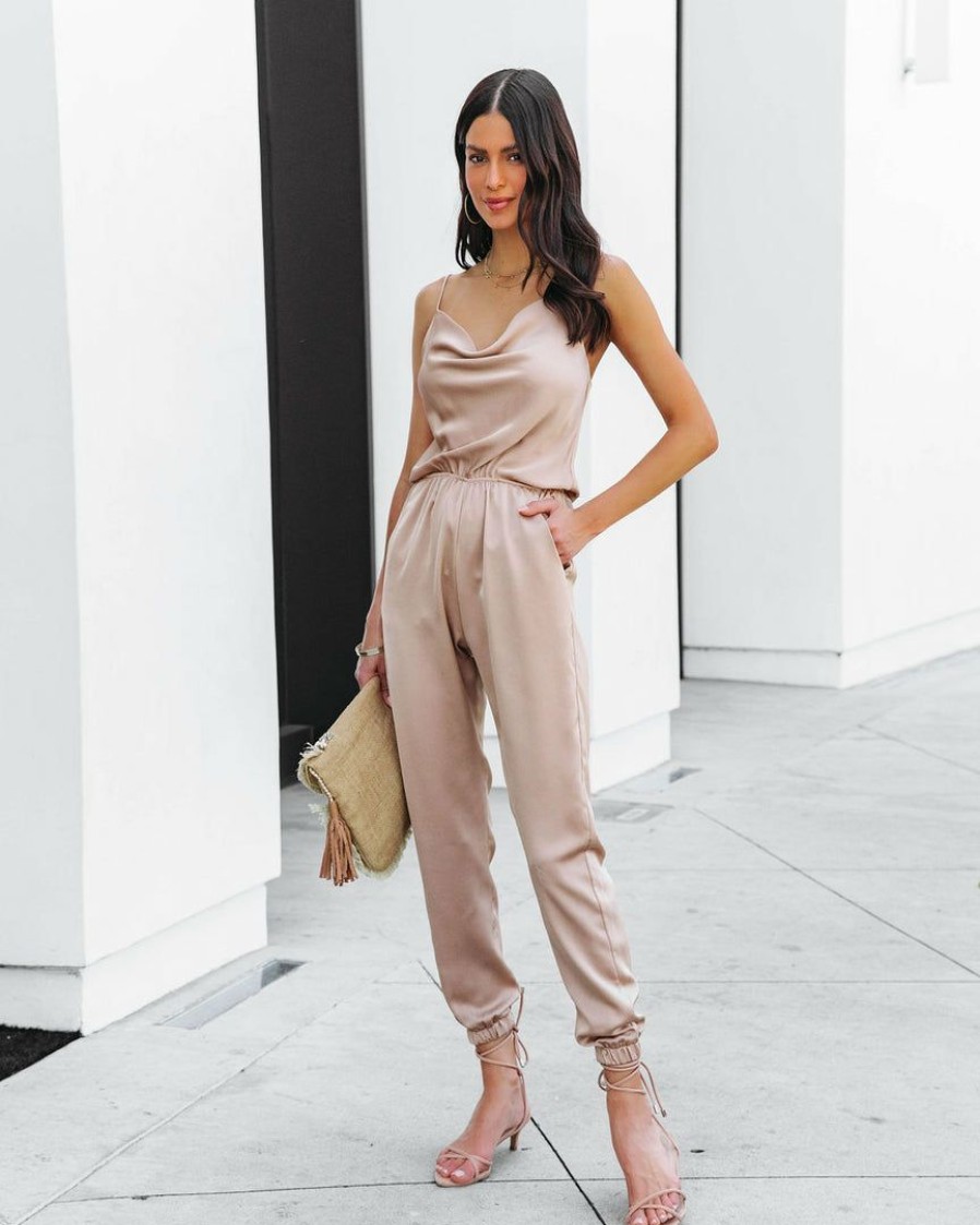 Clothing * | Tych-001 Vici Exclusives Winsley Pocketed Satin Cowl Neck Jumpsuit Champagne Final Sale