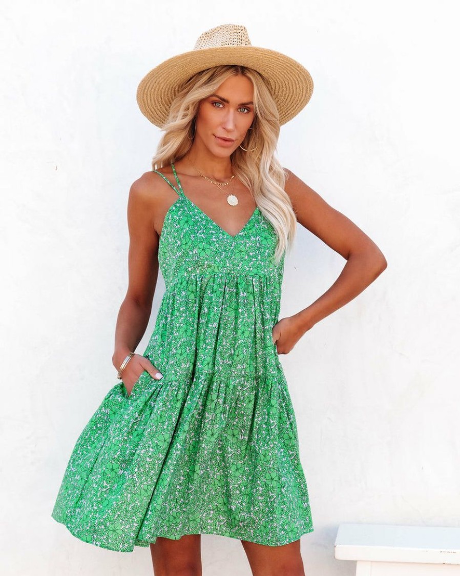 Clothing * | Delu-001 Gauri Cotton Pocketed Floral Babydoll Dress Emerald Final Sale Dresses