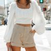 Clothing * | Mabl-001 Alamo Cotton High Rise Pleated Shorts Khaki Final Sale Bottoms