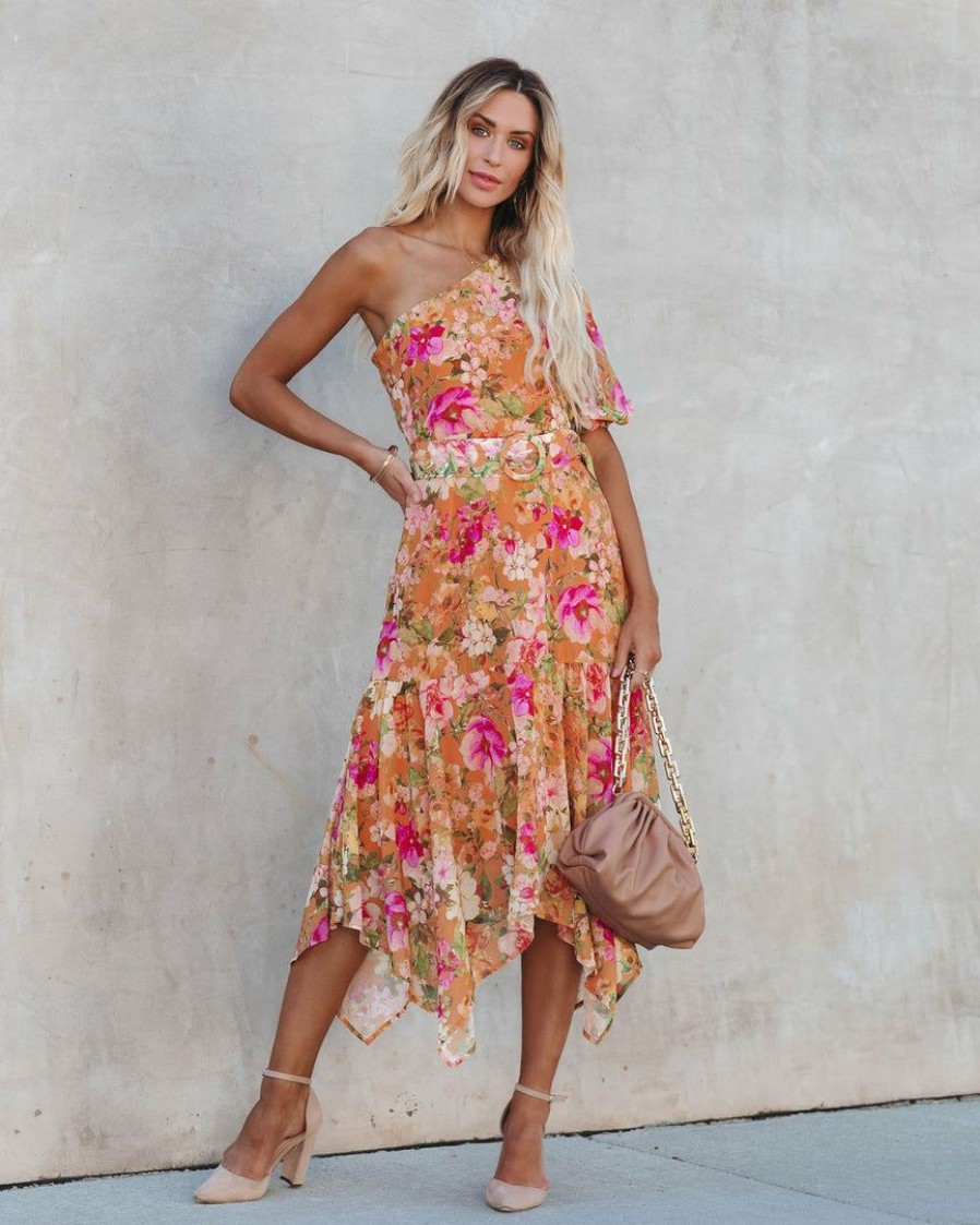 Clothing * | Salt-001 Dresses Elysse Floral Belted One Shoulder Midi Dress Salmon Final Sale