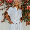 Clothing * | She -001 Sunny Daze Emarie Pocketed Striped Button Down Romper Blue Final Sale