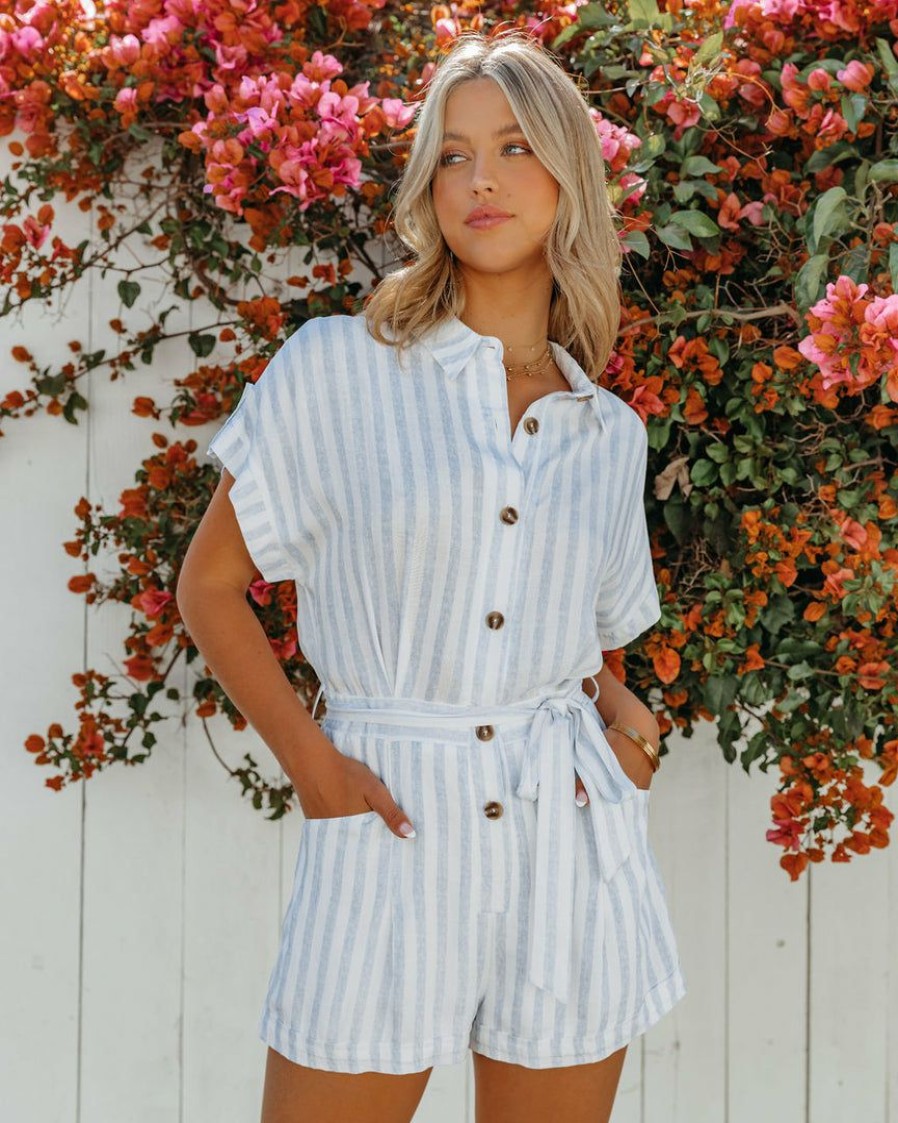 Clothing * | She -001 Sunny Daze Emarie Pocketed Striped Button Down Romper Blue Final Sale