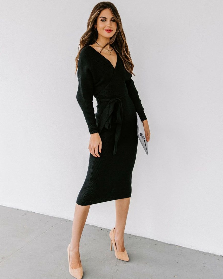 Clothing * | Oliv-001 Yara Drape Knit Midi Sweater Dress Black Dresses