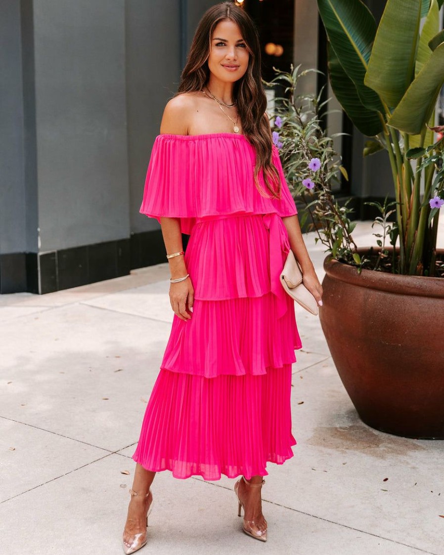 Clothing * | Salt-001 Simaria Pleated Tiered Midi Dress Hot Pink Take Me To Miami