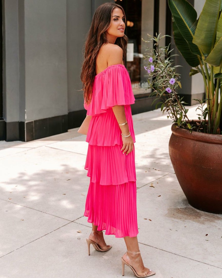 Clothing * | Salt-001 Simaria Pleated Tiered Midi Dress Hot Pink Take Me To Miami