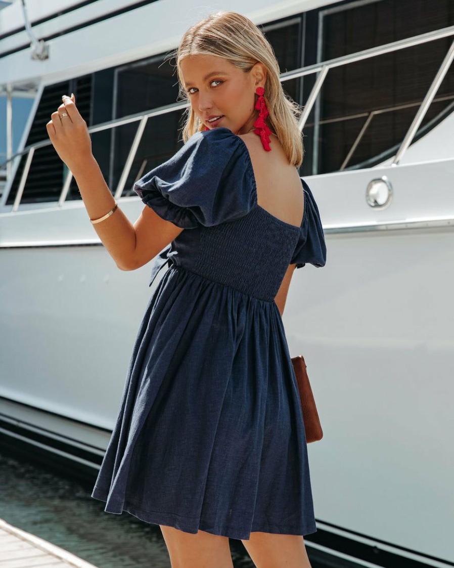 Clothing * | Mabl-001 Scottsdale Pocketed Linen Blend Babydoll Dress Navy Final Sale Dresses