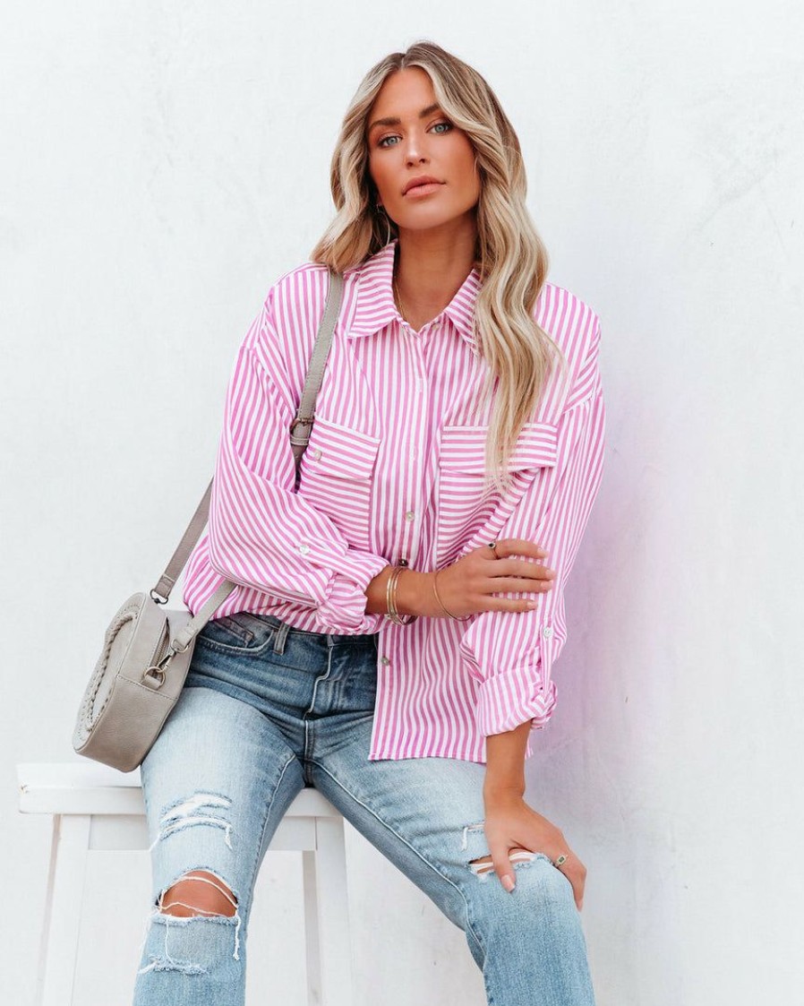 Clothing * | Entr-001 Embrace The Sun Striped Button Down Top Pink Final Sale Tops