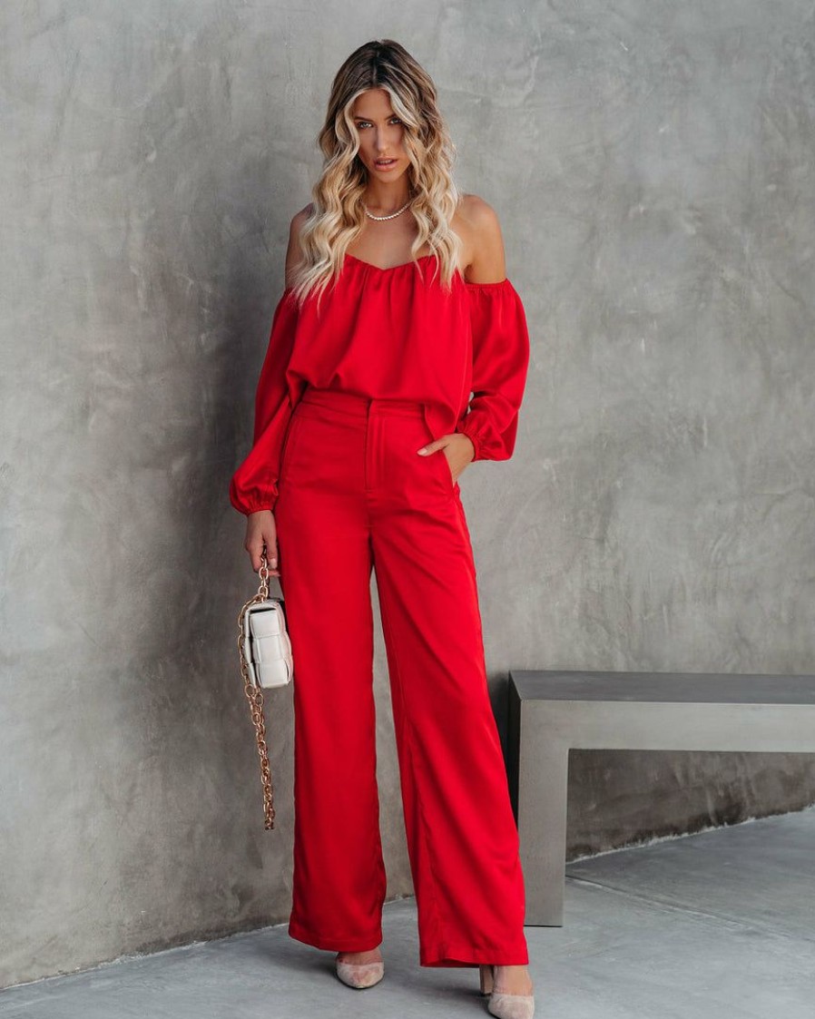 Clothing * | Dee-001 Clockwork Pocketed Satin Wide Leg Trousers Red Final Sale