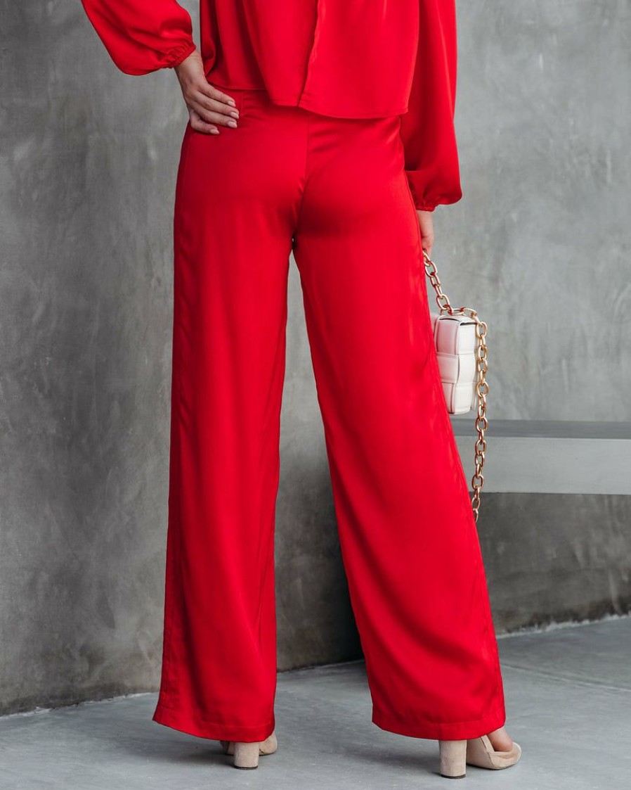 Clothing * | Dee-001 Clockwork Pocketed Satin Wide Leg Trousers Red Final Sale