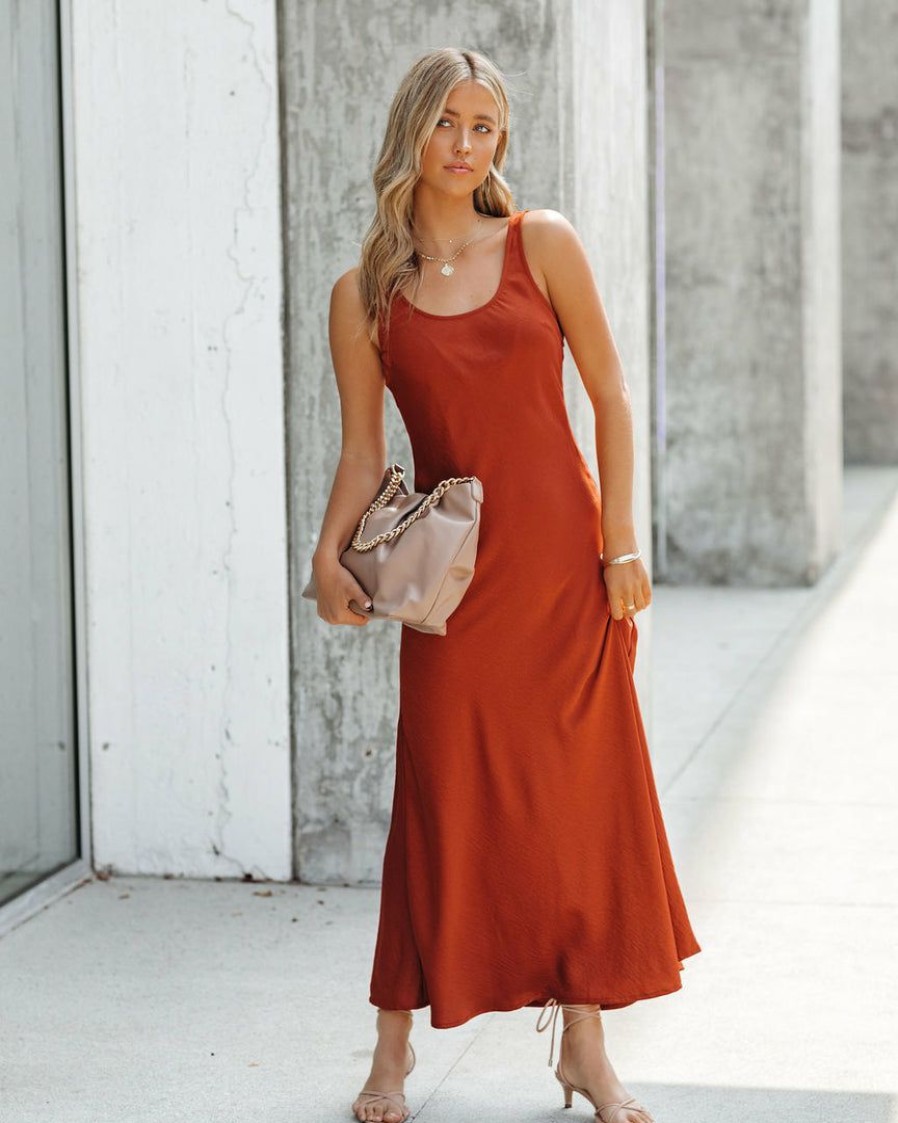 Clothing * | Olia-001 Night To Remember Satin Maxi Dress Rust Final Sale Vici Exclusives