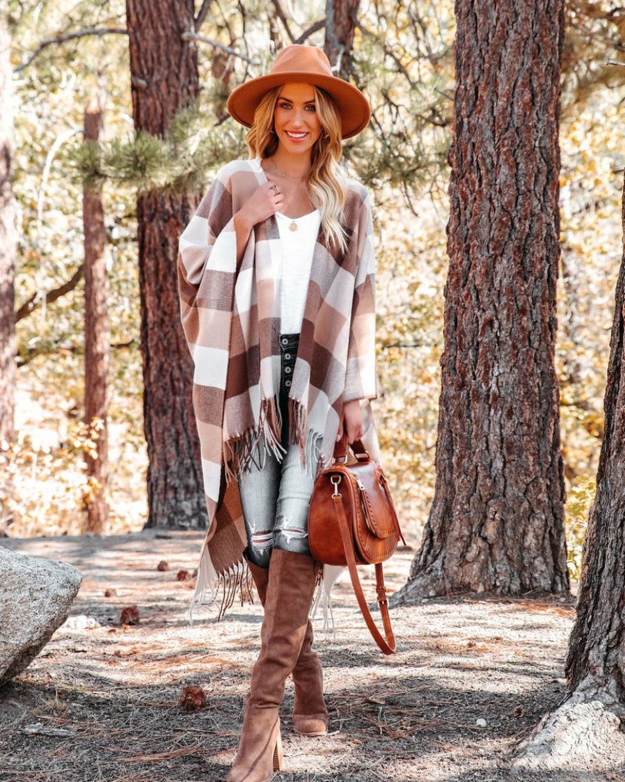 Clothing * | Fame-001 Madison Checkered Fringe Poncho Brown