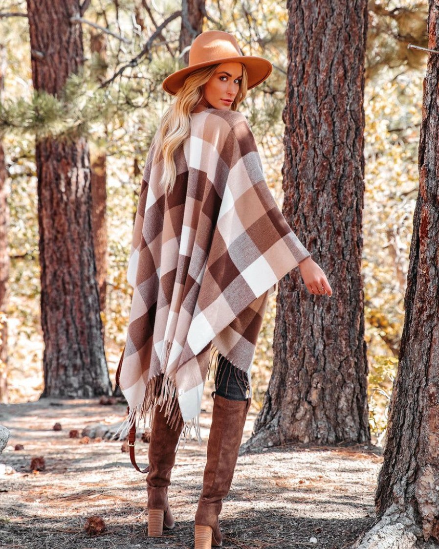 Clothing * | Fame-001 Madison Checkered Fringe Poncho Brown