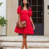 Clothing * | Entr-001 Dresses Picking Daisies Puff Sleeve Babydoll Mini Dress Red