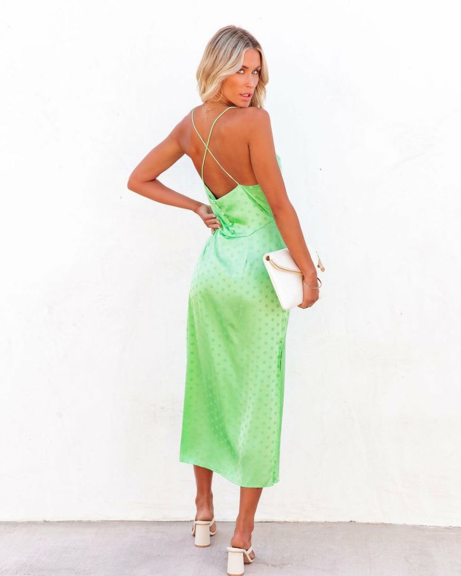 Clothing * | Aeom-001 Afternoons In Bordeaux Polkadot Satin Slip Dress Green Final Sale